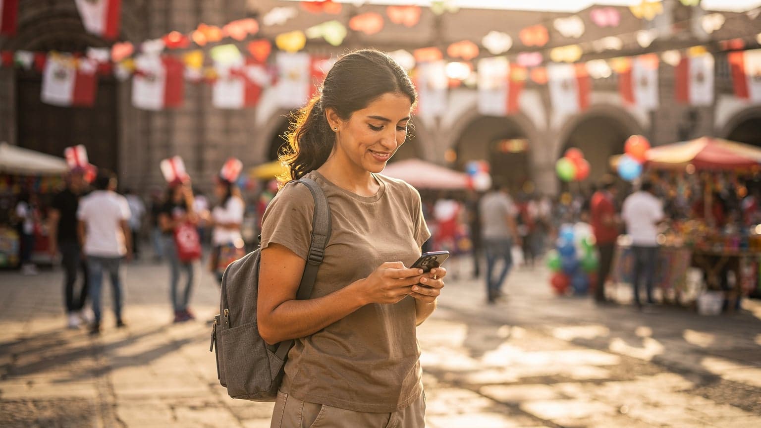 Una viajera sonríe mientras revisa su teléfono en una plaza bulliciosa de Arequipa, Perú, durante una celebración de Fiestas Patrias.