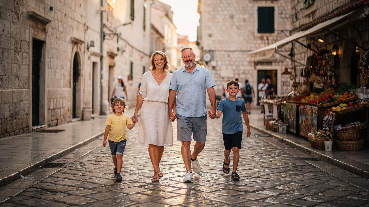 En familie som går langs en pittoresk brosteinsgate i gamlebyen i Split, Kroatia, med varme solstråler som treffer de fargerike bygningene.