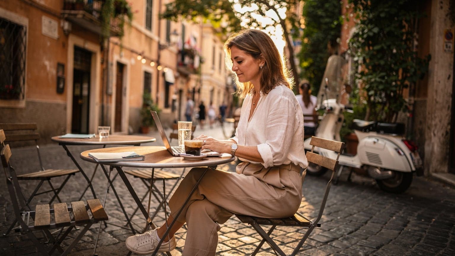 A woman working on her laptop at an outdoor cafe in the Trastevere neighborhood of Rome, with a coffee and a small plant on the table, enjoying the warm afternoon sun.