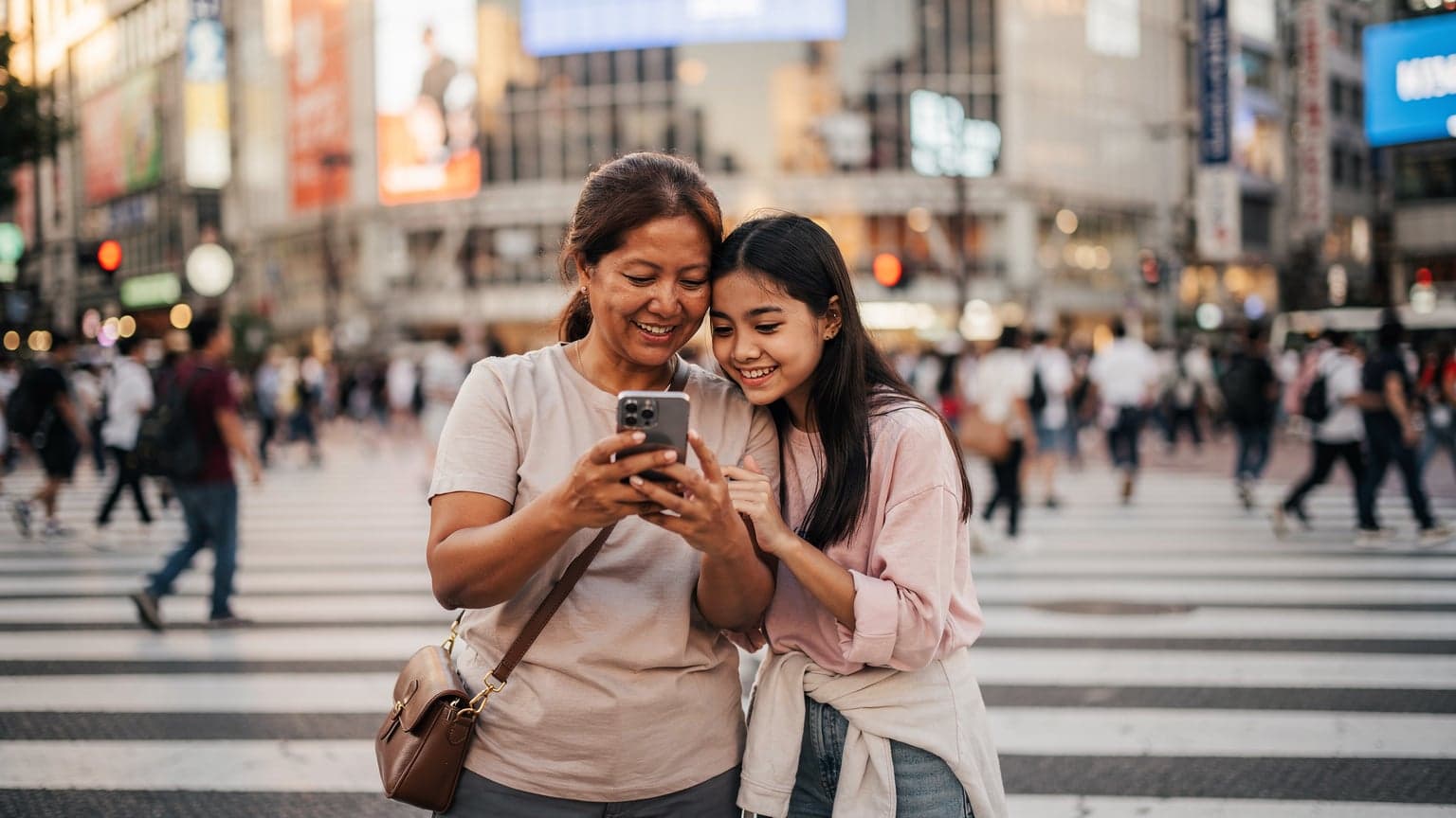 Seorang ibu dan anak perempuan tersenyum sambil melihat ponsel mereka di persimpangan Shibuya yang ramai di Tokyo, Jepang.