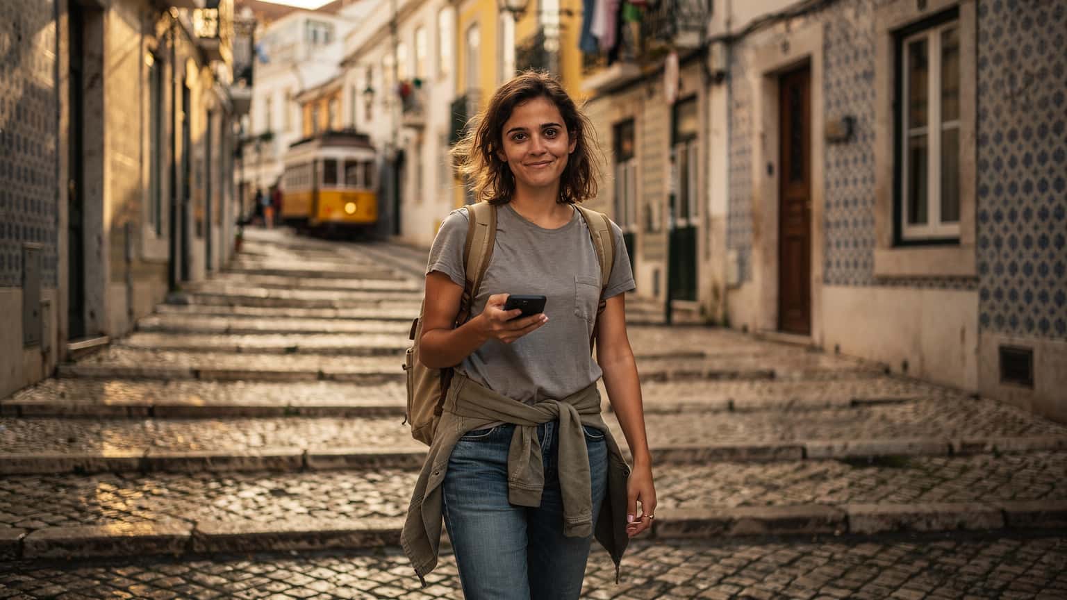 O turistă cu rucsac, zâmbind, consultând harta pe telefonul ei compatibil eSIM pe o stradă pietruită din Lisabona, cu tramvaiul emblematic 28 galben trecând pe fundal.