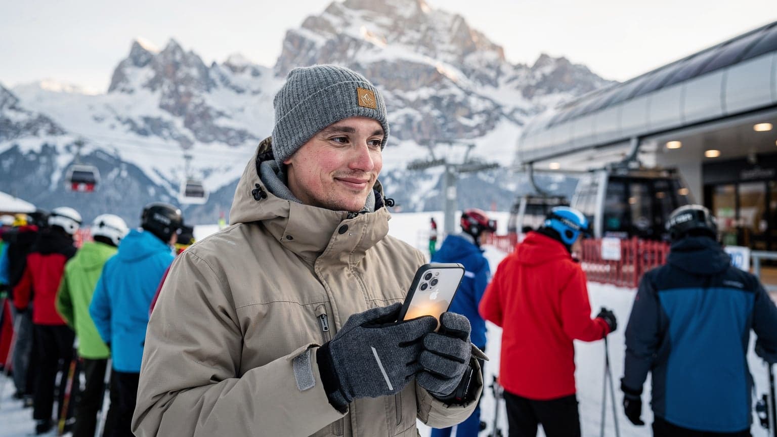 Milano Cortina 2026 Kış Olimpiyatları'nda bir izleyici, karlı dağ manzarasına karşı teleferik beklerken telefonunda Cellesim uygulamasını kontrol ediyor.