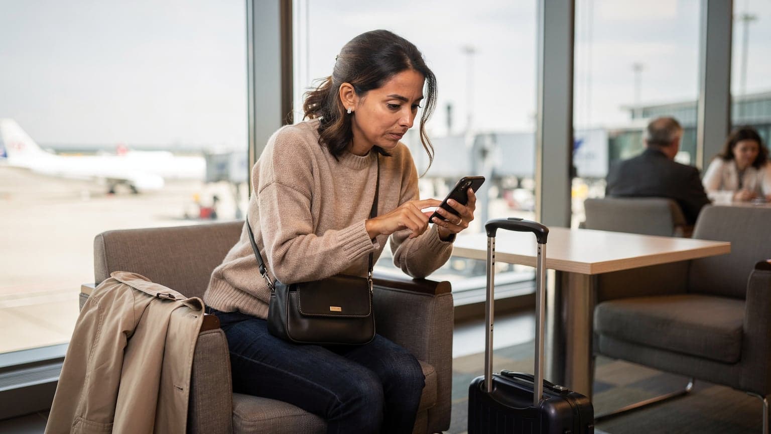 A traveler in a bustling international airport lounge, looking at their smartphone with a thoughtful expression, surrounded by luggage and other passengers.