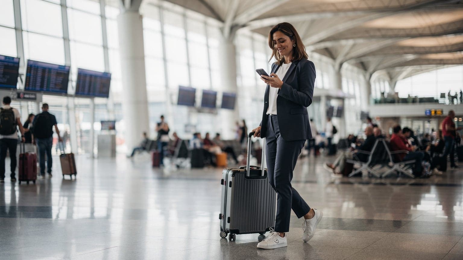 A woman confidently navigating a busy airport terminal, looking at her smartphone with a Cellesim logo subtly visible on the screen, ready for her next flight.