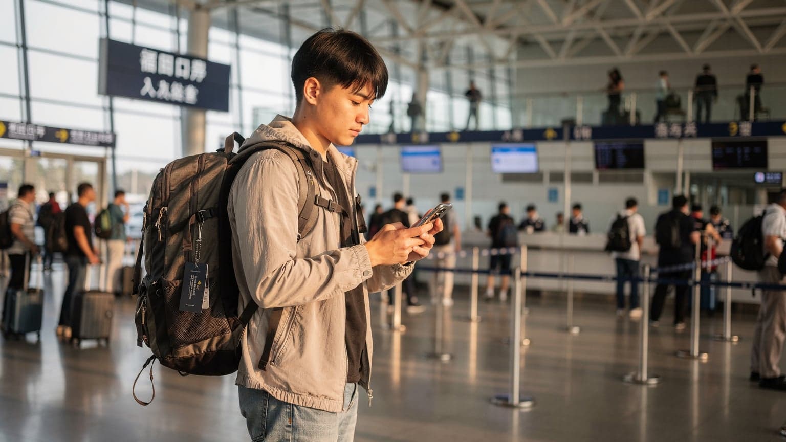 一位年轻的中国背包客在深圳福田口岸,手持新发布的iPhone 18手机,屏幕上显示着eSIM激活界面,背景是繁忙的口岸入境大厅,阳光透过玻璃幕墙洒落在地上。