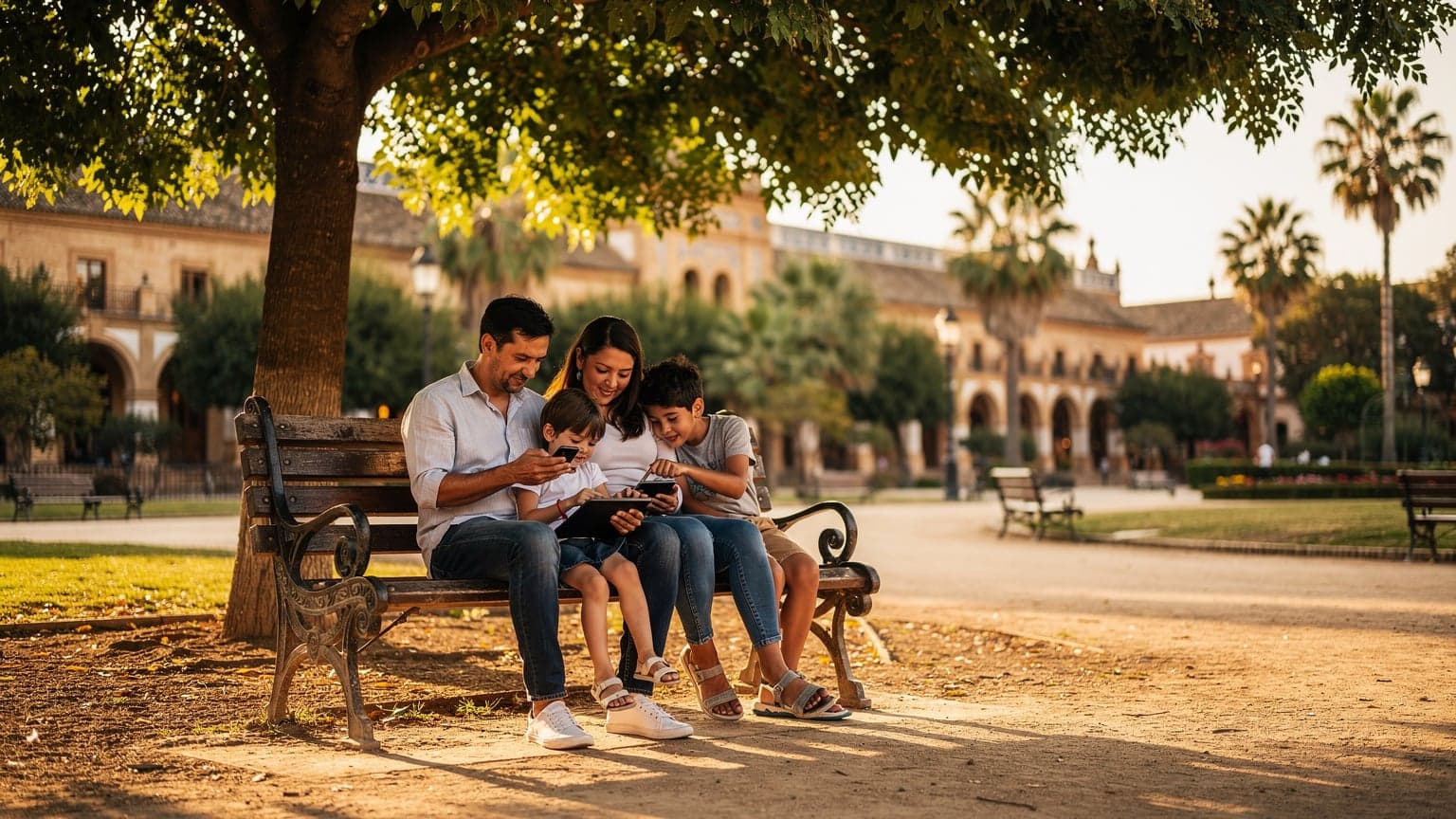 Eine junge Familie mit zwei Kindern, die im Schatten eines großen Baumes in einem Park in Sevilla auf ihre Telefone und Tablets schauen, während die Sonne warm auf die Gebäude im Hintergrund scheint.