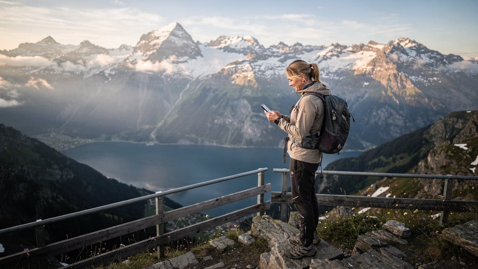 Eine Frau in Wanderkleidung steht vor einem atemberaubenden Alpenpanorama mit schneebedeckten Gipfeln und einem klaren Bergsee, während sie auf ihr Smartphone schaut.