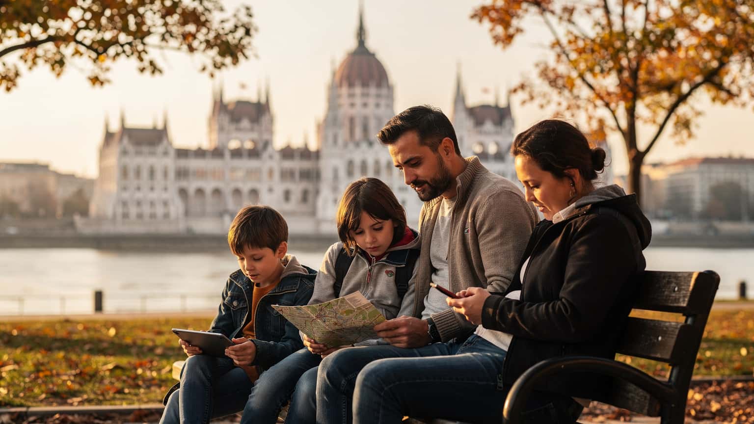 O familie cu doi copii, unul cu o tabletă, stând pe o bancă în fața Parlamentului din Budapesta, bucurându-se de soarele de toamnă.