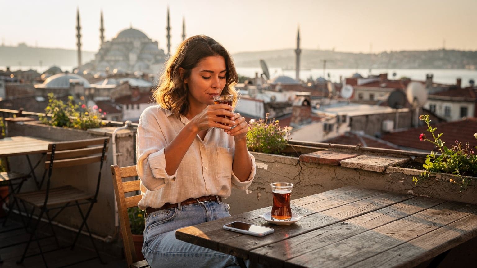 Une voyageuse assise sur une terrasse en rooftop à Istanbul, buvant un thé turc et regardant son téléphone avec la Mosquée Bleue en arrière-plan, au coucher du soleil.