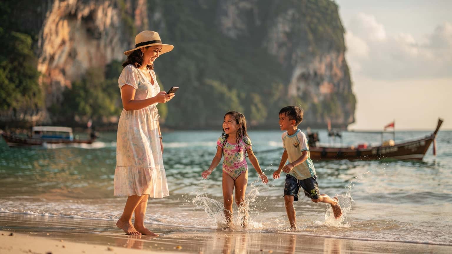 Seorang ibu tersenyum sambil memegang ponsel dan mengawasi kedua anaknya yang sedang bermain di tepi Pantai Railay, Krabi, Thailand, dengan perahu ekor panjang terlihat di kejauhan.