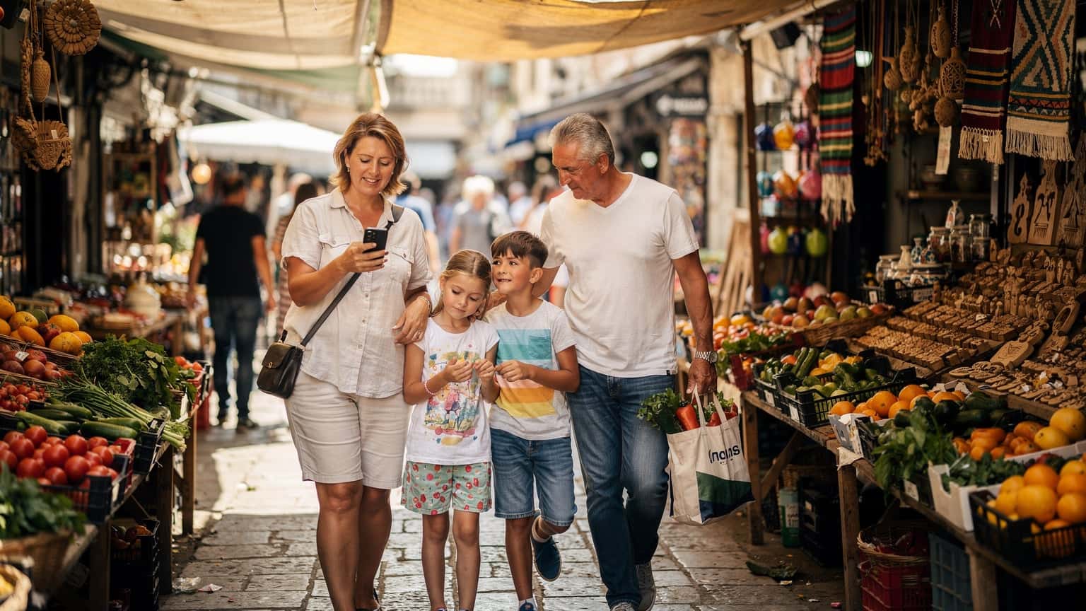 Eine Familie mit zwei Kindern, die auf einem lebhaften Markt in Tirana, Albanien, durch die Stände schlendert und sich über ein Smartphone beugt, um etwas zu lesen.