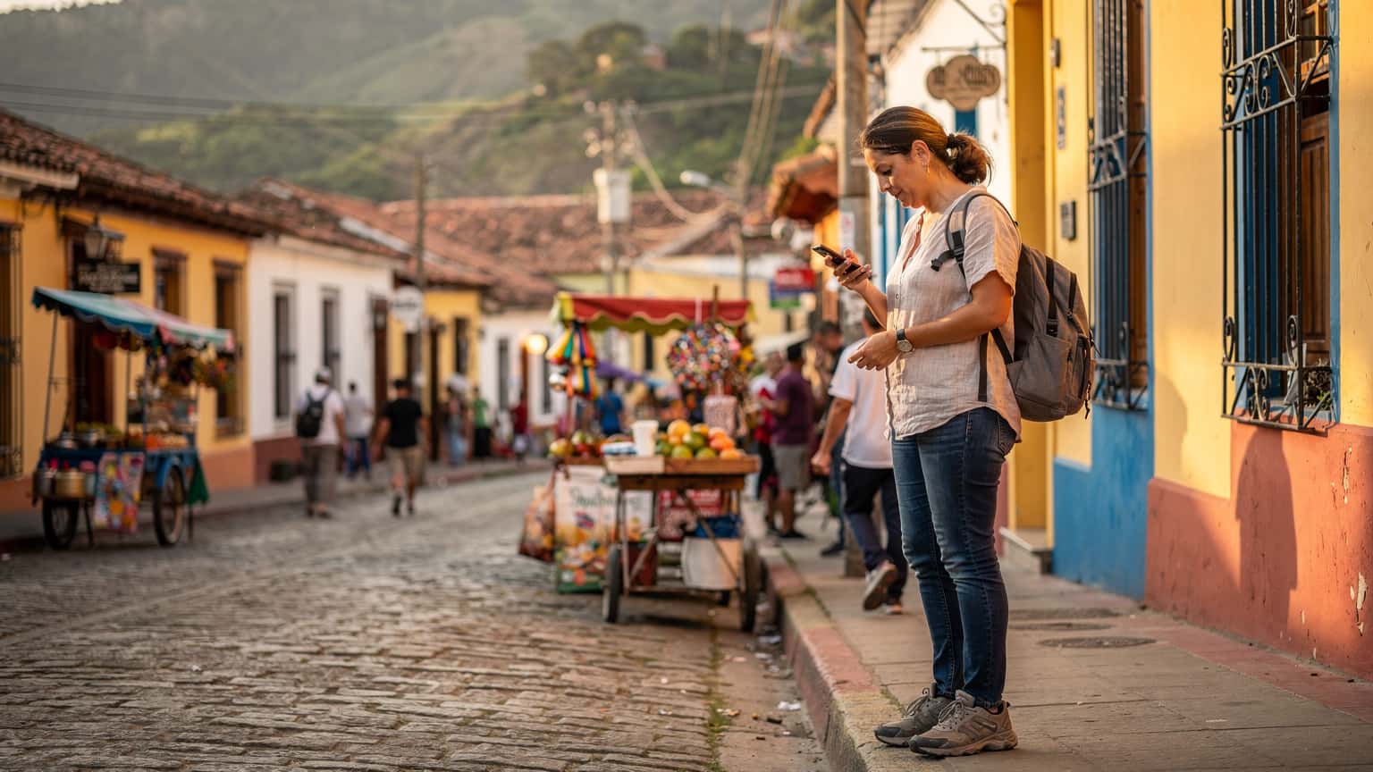 A traveler stands on a vibrant street in the historic El Hatillo neighborhood of Caracas, Venezuela, looking at their phone with a calm expression, surrounded by colorful colonial buildings and local activity.