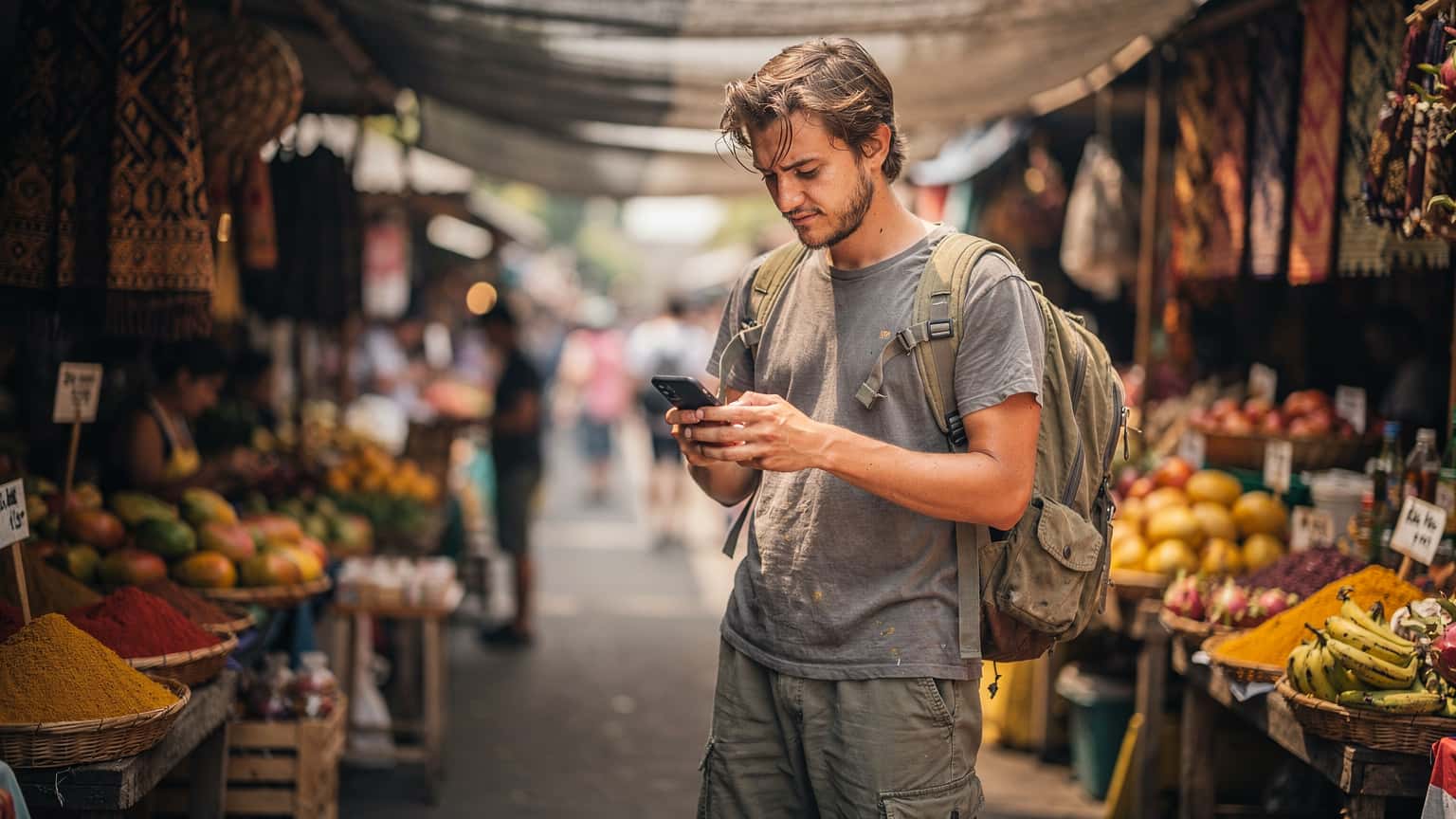 A budget backpacker in a crowded market in Ubud, Bali, looking at their phone with a thoughtful expression, surrounded by colourful stalls and local produce.