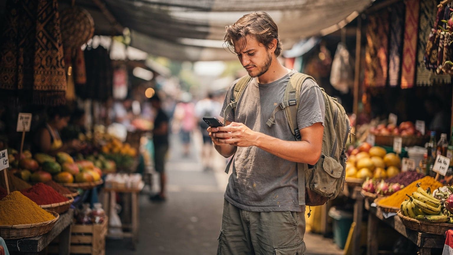 A budget backpacker in a crowded market in Ubud, Bali, looking at their phone with a thoughtful expression, surrounded by colourful stalls and local produce.