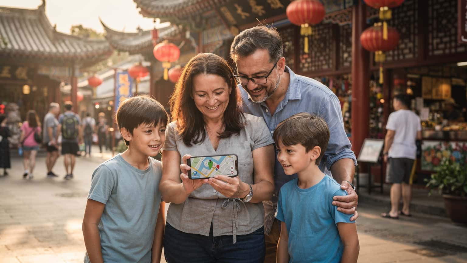 A family, a mother, father, and two children, looking at a phone on a bustling street in Shanghai, China, with traditional architecture in the background.