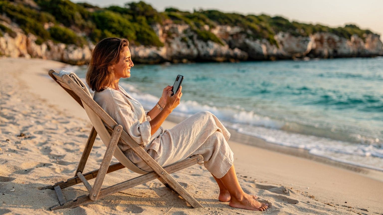 Una donna sorride mentre tiene il suo smartphone con una eSIM attiva, seduta su una sedia a sdraio su una spiaggia remota della costa salentina, con il mare cristallino e la macchia mediterranea sullo sfondo.