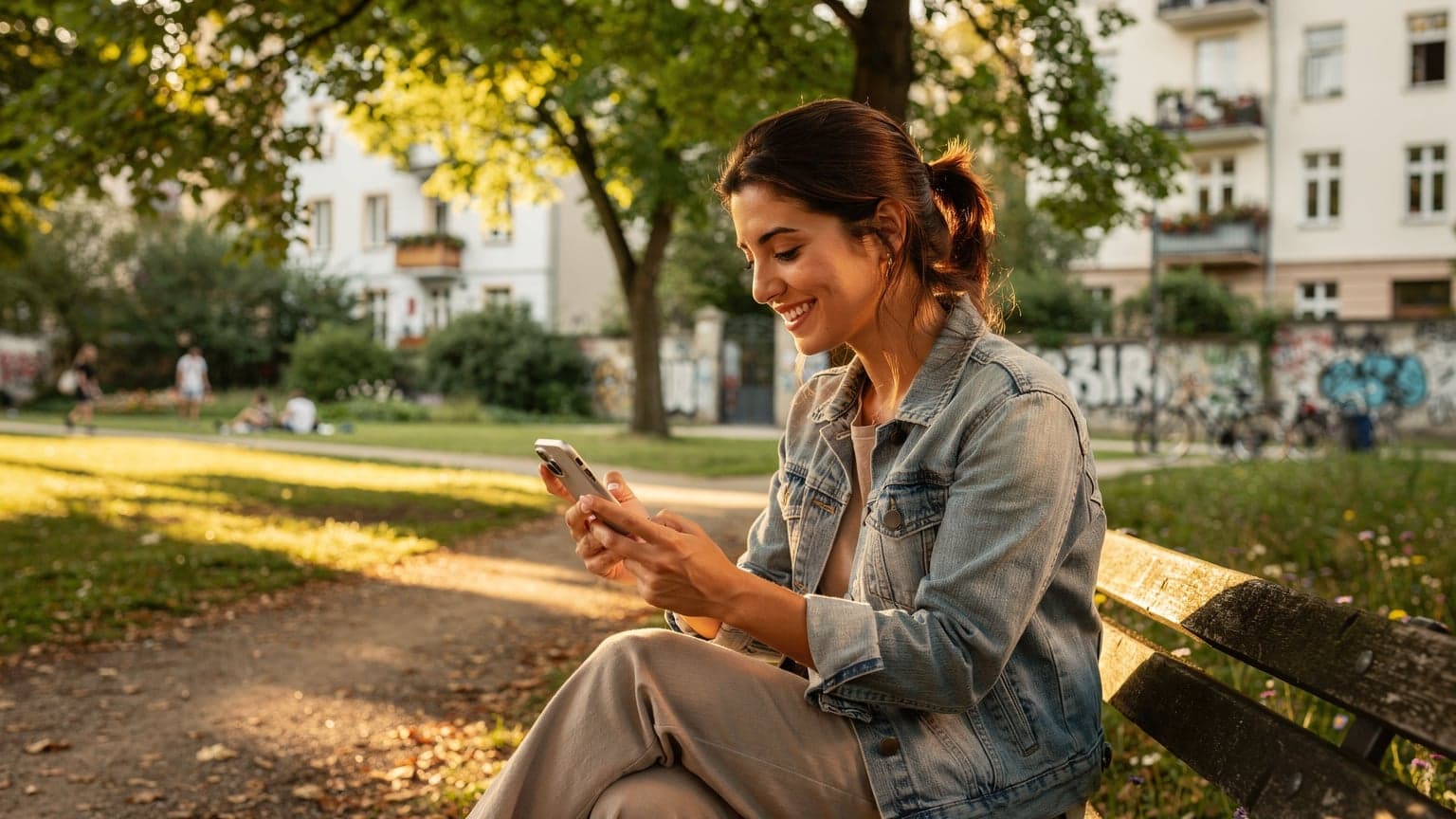 Eine junge Frau sitzt entspannt auf einer Holzbank in einem sonnigen Park in Berlin-Kreuzberg und hält ihr Smartphone in den Händen, während sie einen QR-Code scannt, um eine eSIM zu aktivieren.