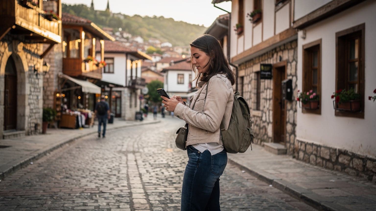 Eine junge Reisende navigiert mit ihrem Smartphone durch die belebten Gassen der Altstadt von Prizren, während die Sonne die historischen Gebäude in warmes Licht taucht.