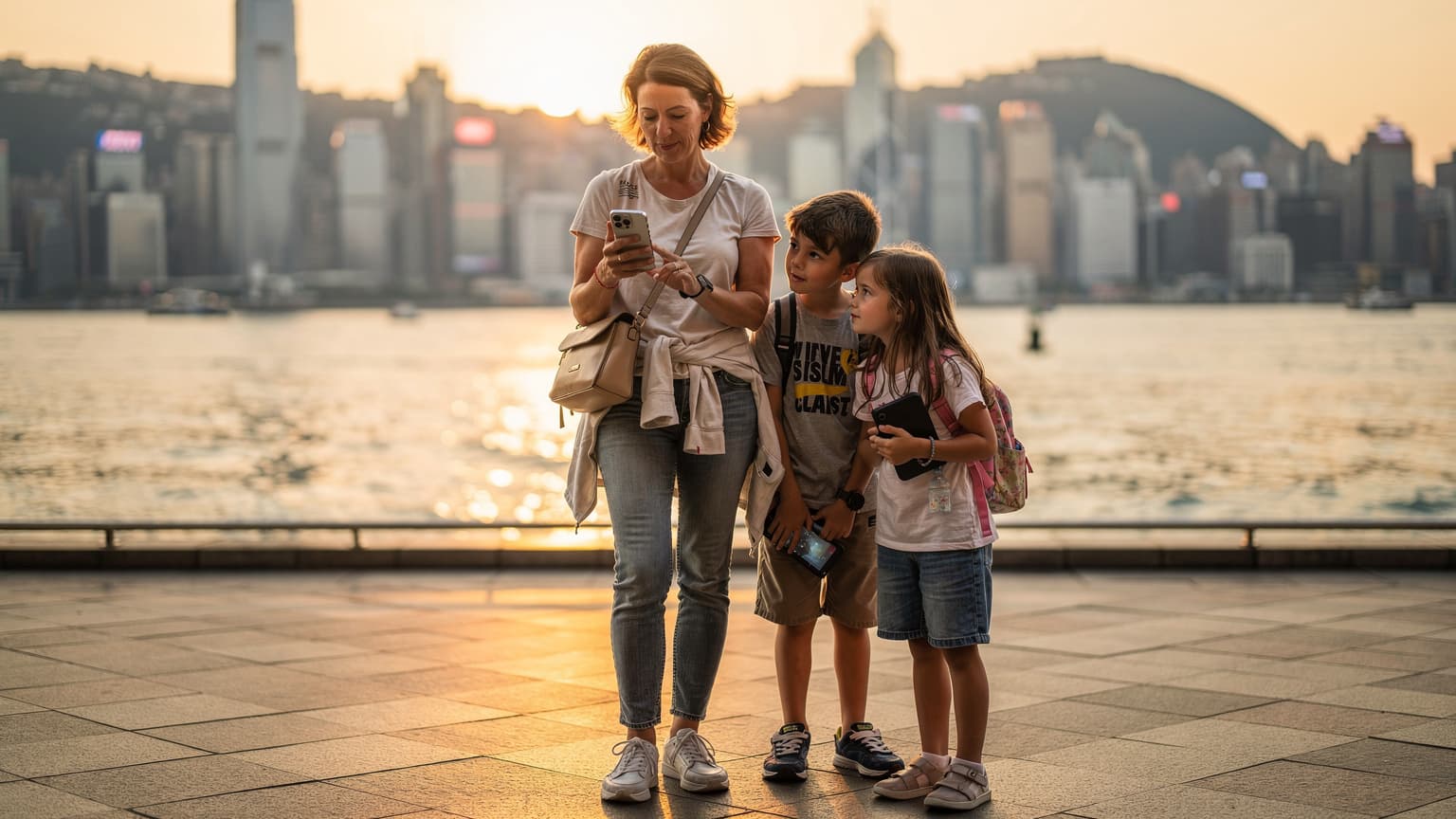 一位母亲在香港维多利亚港边,用iPhone查看eSIM设置,孩子们在一旁好奇地张望,背景是璀璨的城市天际线。