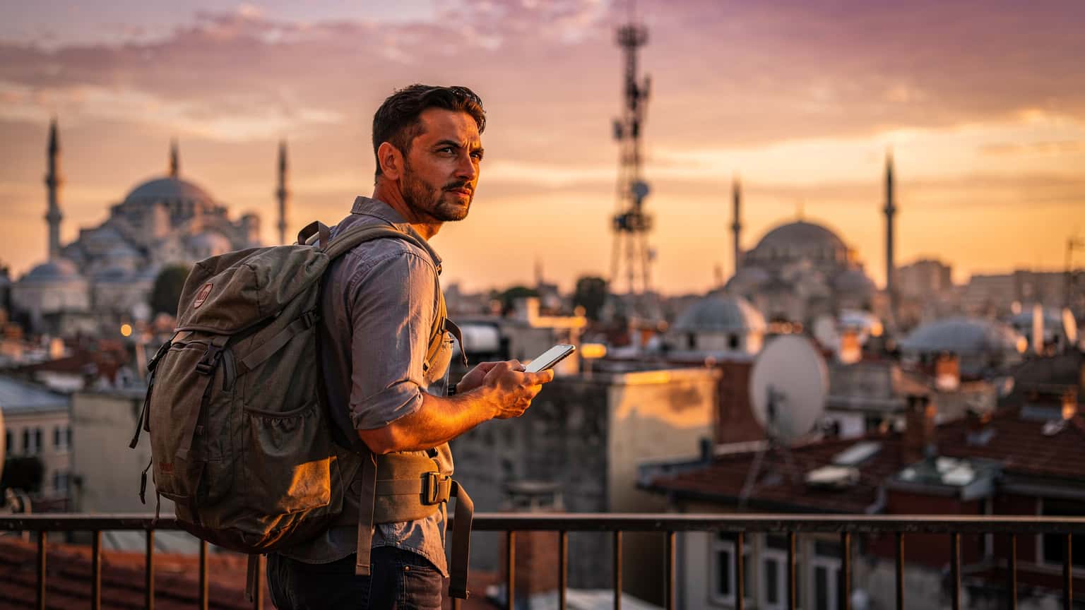 İstanbul'da tarihi yarımadanın çatılarından görünen bir telekomünikasyon kulesi ve elinde akıllı telefon tutan bir gezginin silüeti, gün batımında.