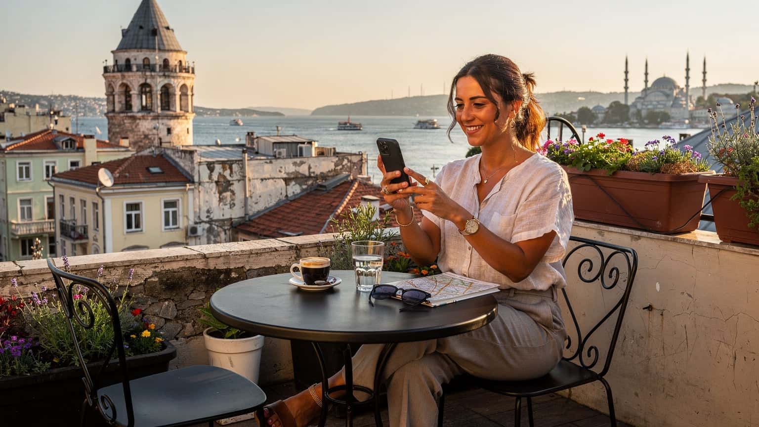 Eine Frau sitzt entspannt auf einer Dachterrasse in Beyoğlu, Istanbul, mit Blick auf den Bosporus und die Hagia Sophia, während sie auf ihrem Smartphone surft.