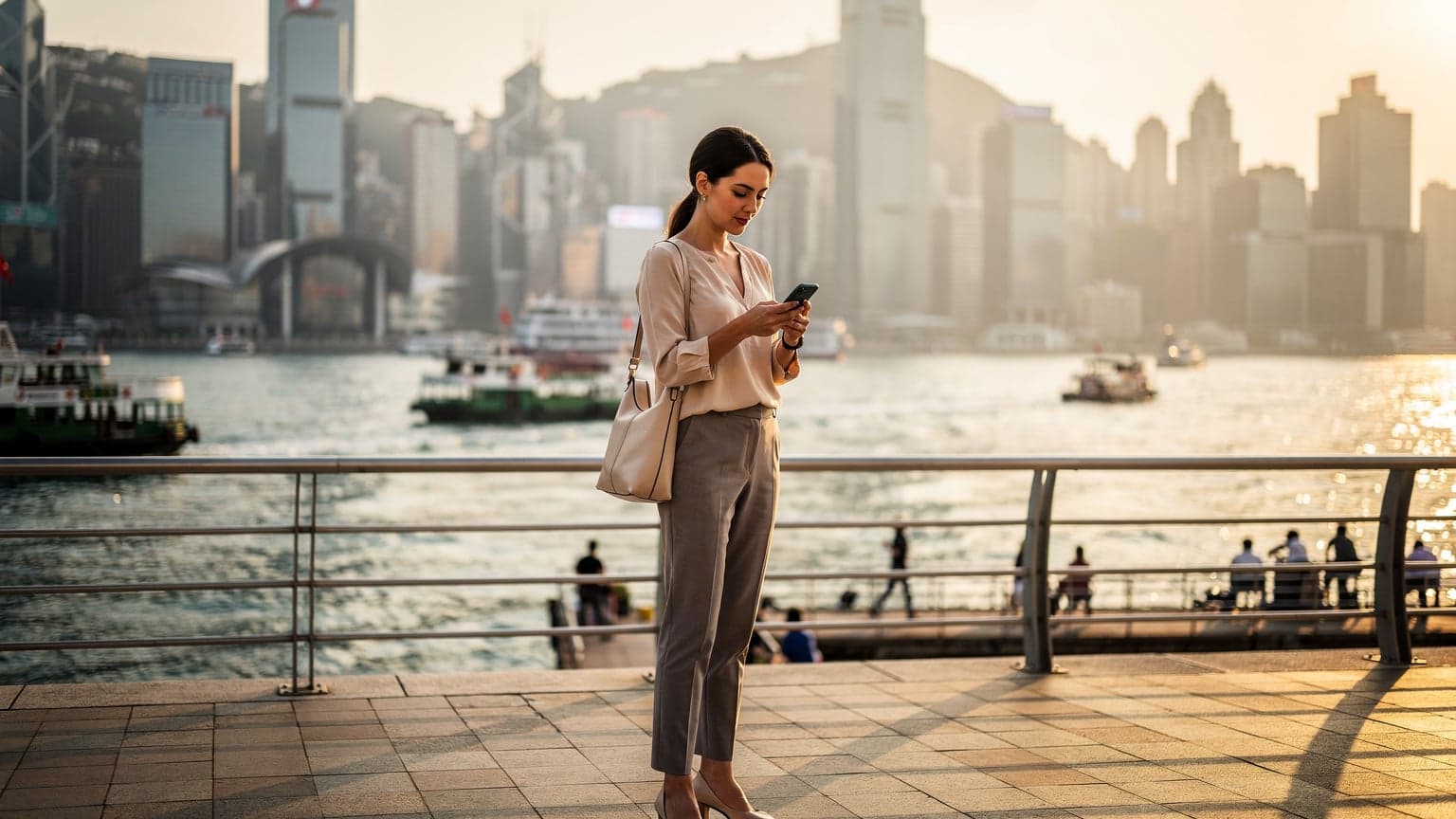 一名身穿商務休閒裝的女士在香港中環海濱長廊,一邊欣賞維多利亞港景色,一邊使用智能手機查看信息,背景是香港標誌性的高樓大廈。