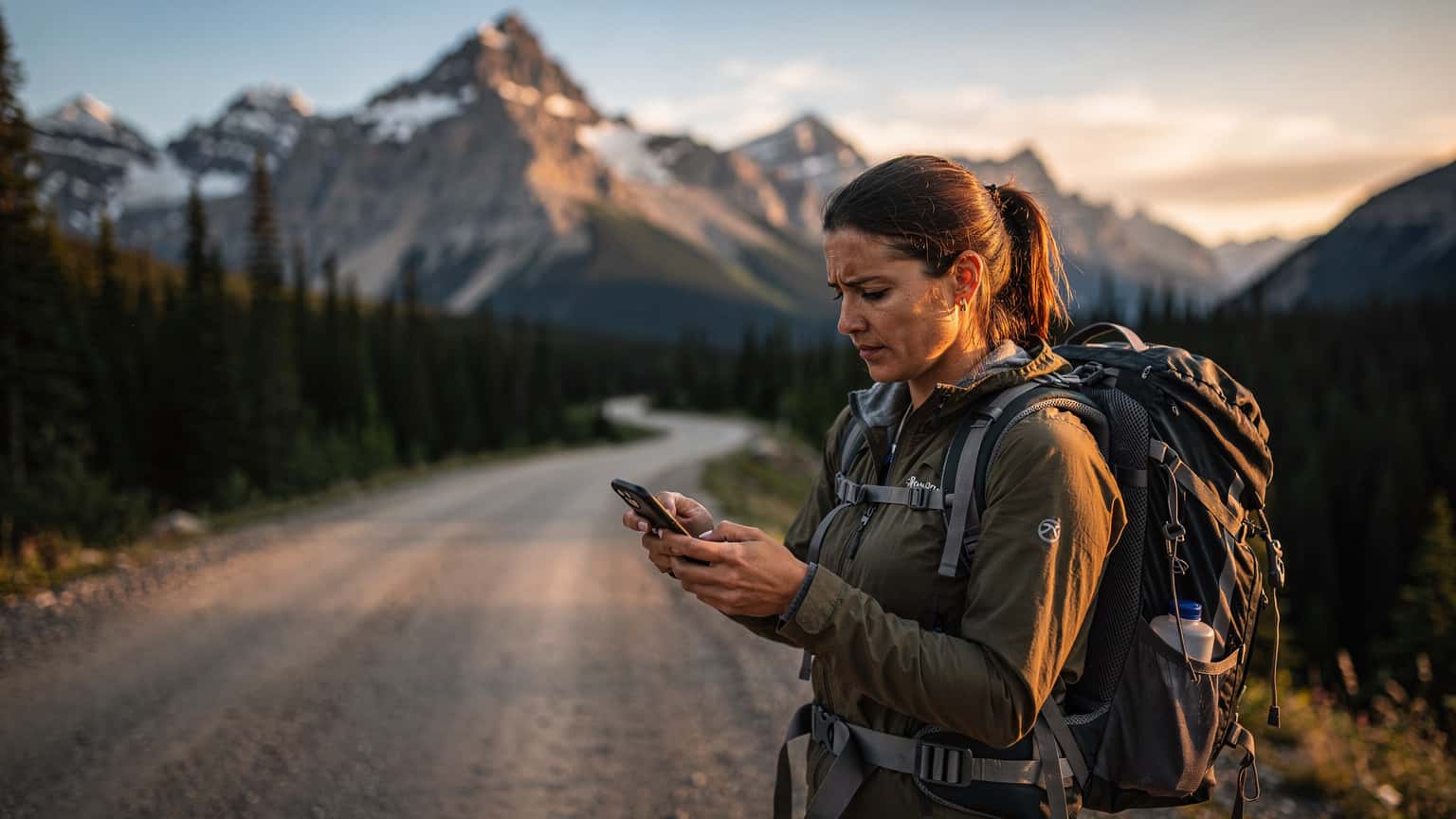Une voyageuse consulte son téléphone pour la navigation GPS sur une route panoramique des Rocheuses canadiennes au coucher du soleil, avec son sac à dos posé à côté d'elle.