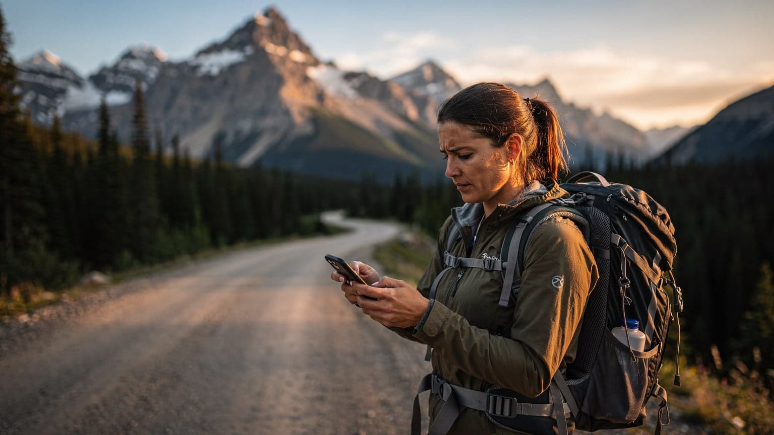 Une voyageuse consulte son téléphone pour la navigation GPS sur une route panoramique des Rocheuses canadiennes au coucher du soleil, avec son sac à dos posé à côté d'elle.