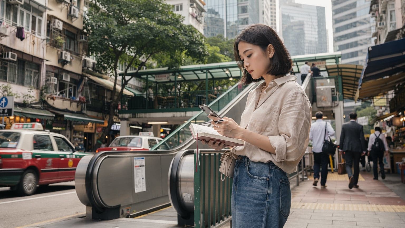 一名女性旅客在香港中環半山扶梯旁,手持手機查看eSIM設定,背景是熱鬧的街景和特色建築。