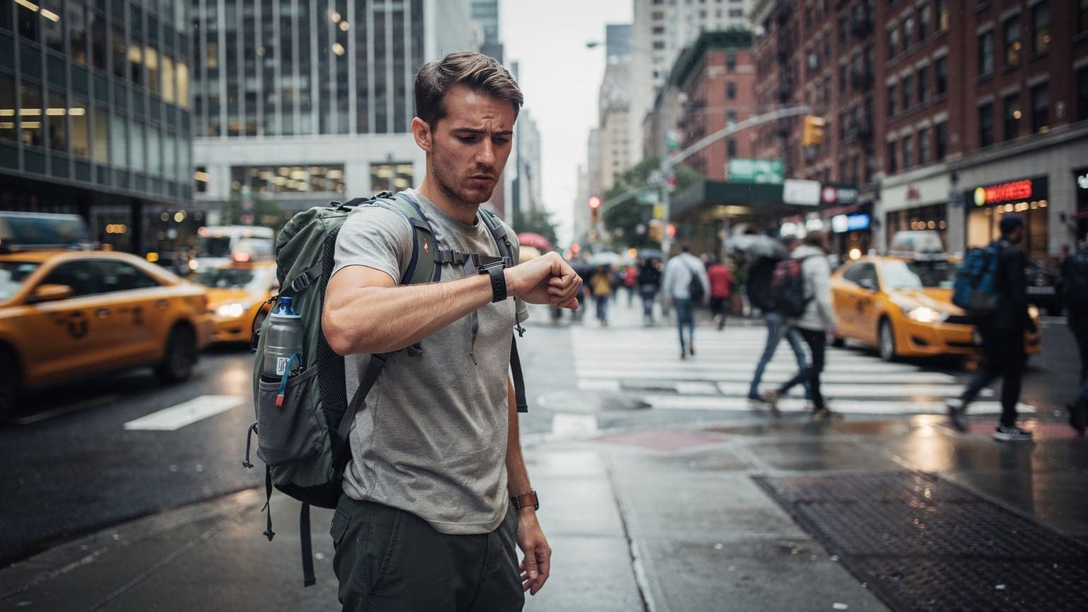 En reisende sjekker kartet på sin Apple Watch foran en gul drosje i New York City.