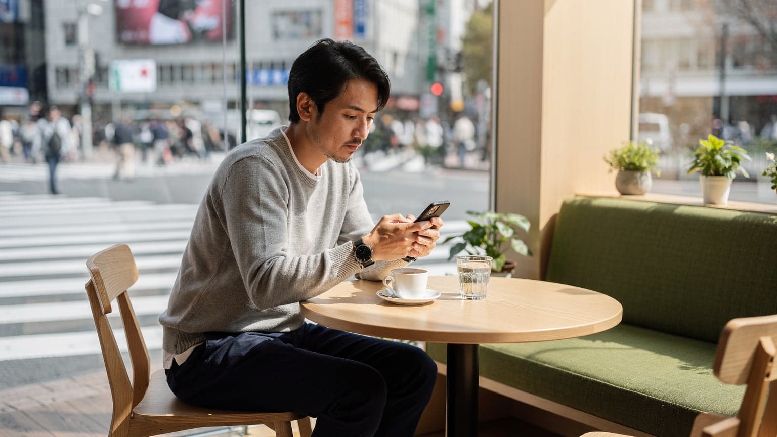 東京の渋谷スクランブル交差点を見下ろすカフェで、スマートフォンを操作しながらコーヒーを飲む鈴木健太の姿。