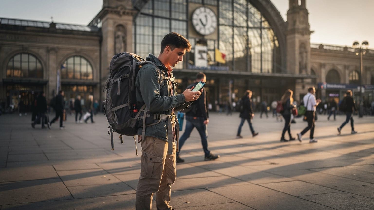 Un tânăr backpacker român, cu un rucsac mare, verifică harta pe telefonul său compatibil eSIM în fața Gării Centrale din München, într-o dimineață răcoroasă de toamnă, cu lumina aurie a răsăritului pe fundal.