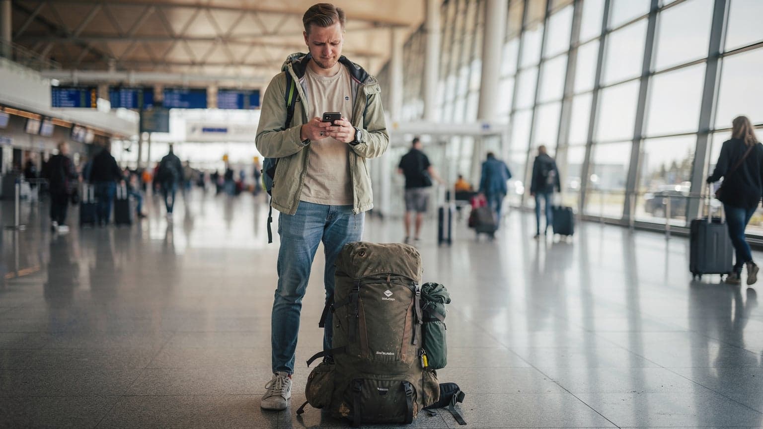 En ung svensk backpacker kontrollerar sin mobiltelefon framför en ankomsthall på Arlanda flygplats, med en ryggsäck vid sina fötter.