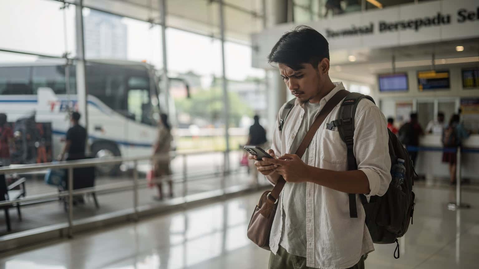 Seorang pelancong pria Indonesia sedang memeriksa ponselnya di Terminal Bus Bersepadu Selatan (TBS), Kuala Lumpur, dengan latar belakang bus-bus yang modern, di bawah pencahayaan pagi yang lembut.