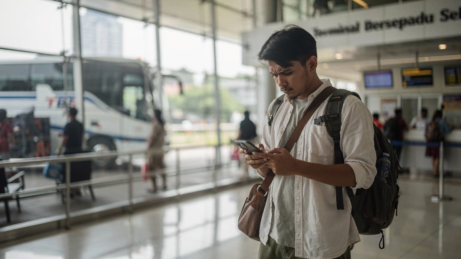 Seorang pelancong pria Indonesia sedang memeriksa ponselnya di Terminal Bus Bersepadu Selatan (TBS), Kuala Lumpur, dengan latar belakang bus-bus yang modern, di bawah pencahayaan pagi yang lembut.