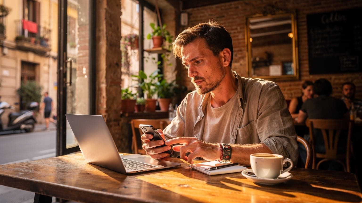 Un viajero revisa su teléfono móvil para activar una eSIM en la mesa de un café bullicioso en el barrio de Gràcia, Barcelona, con la luz del atardecer entrando por la ventana.
