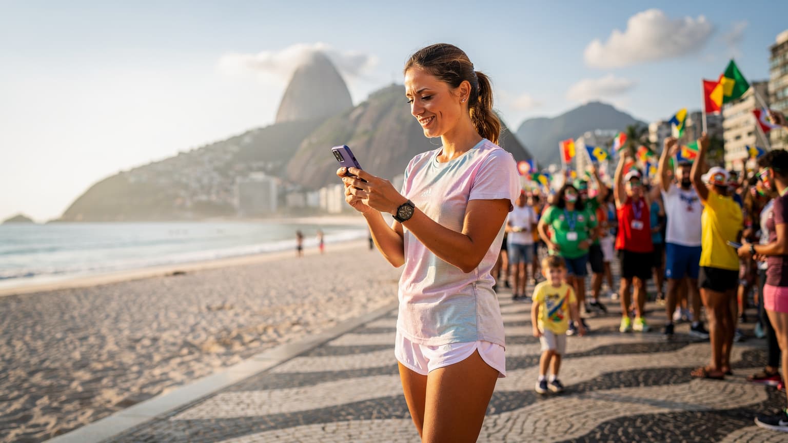 Uma mulher sorridente usa seu smartphone na orla de Copacabana, com o Pão de Açúcar ao fundo, enquanto torcedores com bandeiras comemoram os Jogos Pan-Americanos de 2027.