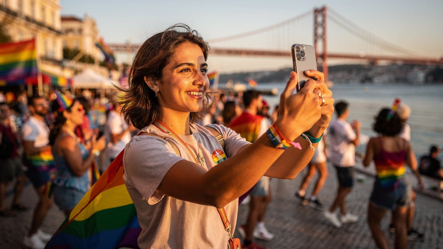 Uma pessoa feliz segurando um smartphone com a bandeira do arco-íris ao fundo, celebrando o Arraial Pride em Lisboa, com a Ponte 25 de Abril e o rio Tejo visíveis.