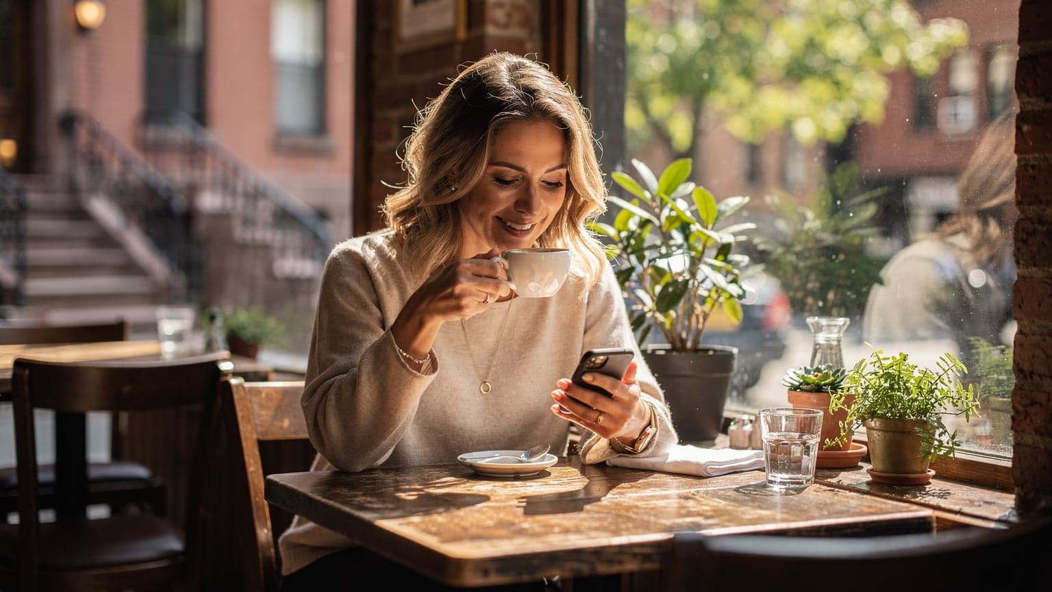 Žena si v kaviarni vo West Village v New Yorku prezerá mobilný telefón a vedľa nej leží pas.
