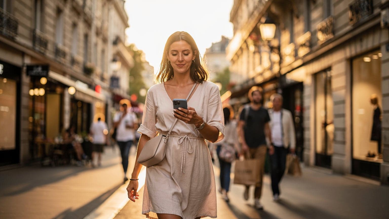 Una donna sorridente controlla il suo smartphone mentre passeggia lungo i Champs-Élysées a Parigi, con il traffico e le vetrine dei negozi in sottofondo, durante i saldi estivi.
