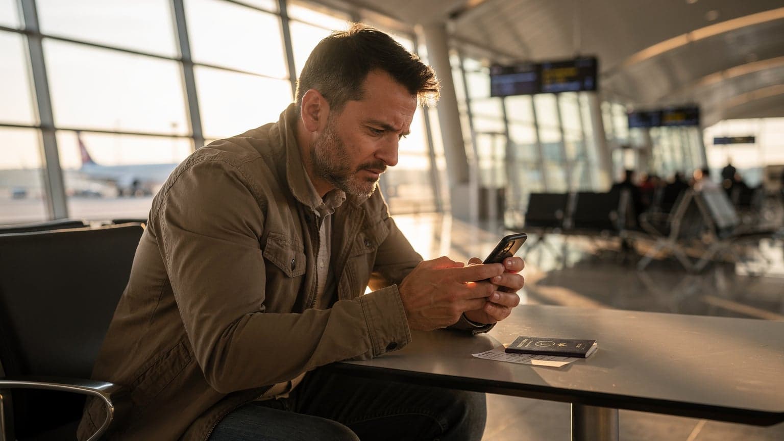 İstanbul Havalimanı dış hatlar terminalinde, bir seyyah telefonuna eğilmiş, elinde pasaportu ve uçağa biniş kartıyla eSIM kurulumu yapmaya çalışıyor. Gün batımı ışığı camdan içeri süzülüyor.