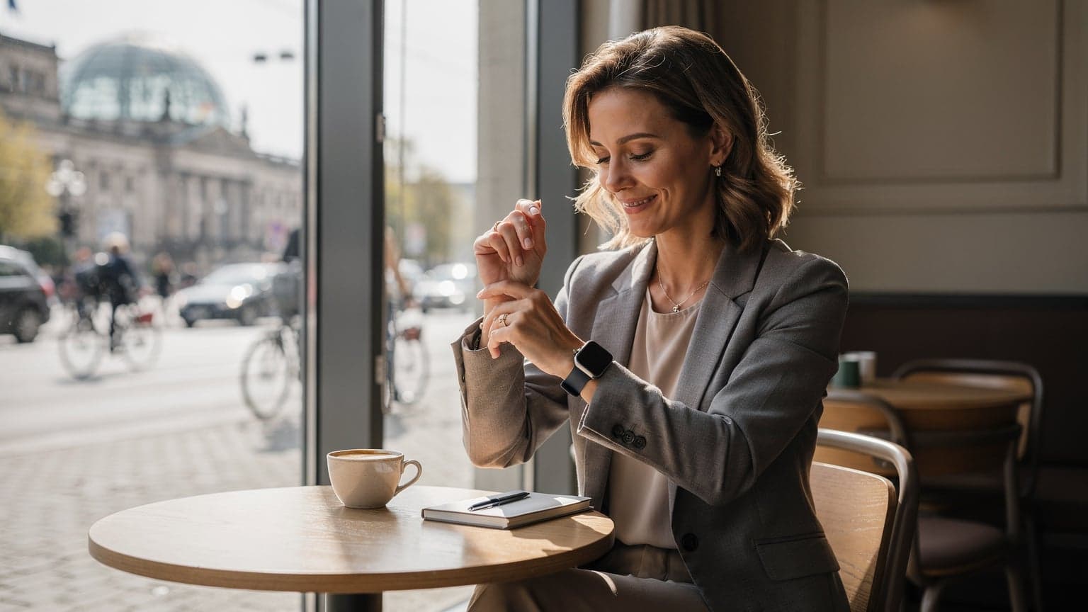 Eine Frau in einem Berliner Café, die auf ihre Apple Watch Series 10 schaut, während sie einen Kaffee trinkt und im Hintergrund die Museumsinsel zu sehen ist.