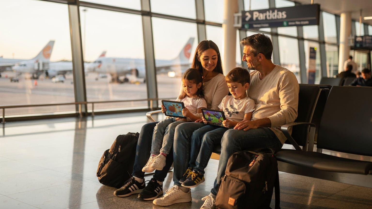 Uma mãe sorridente e um pai observam seus dois filhos pequenos, absortos em tablets, na área de embarque de um aeroporto movimentado em Lisboa, com a luz suave da manhã filtrando pelas janelas grandes.