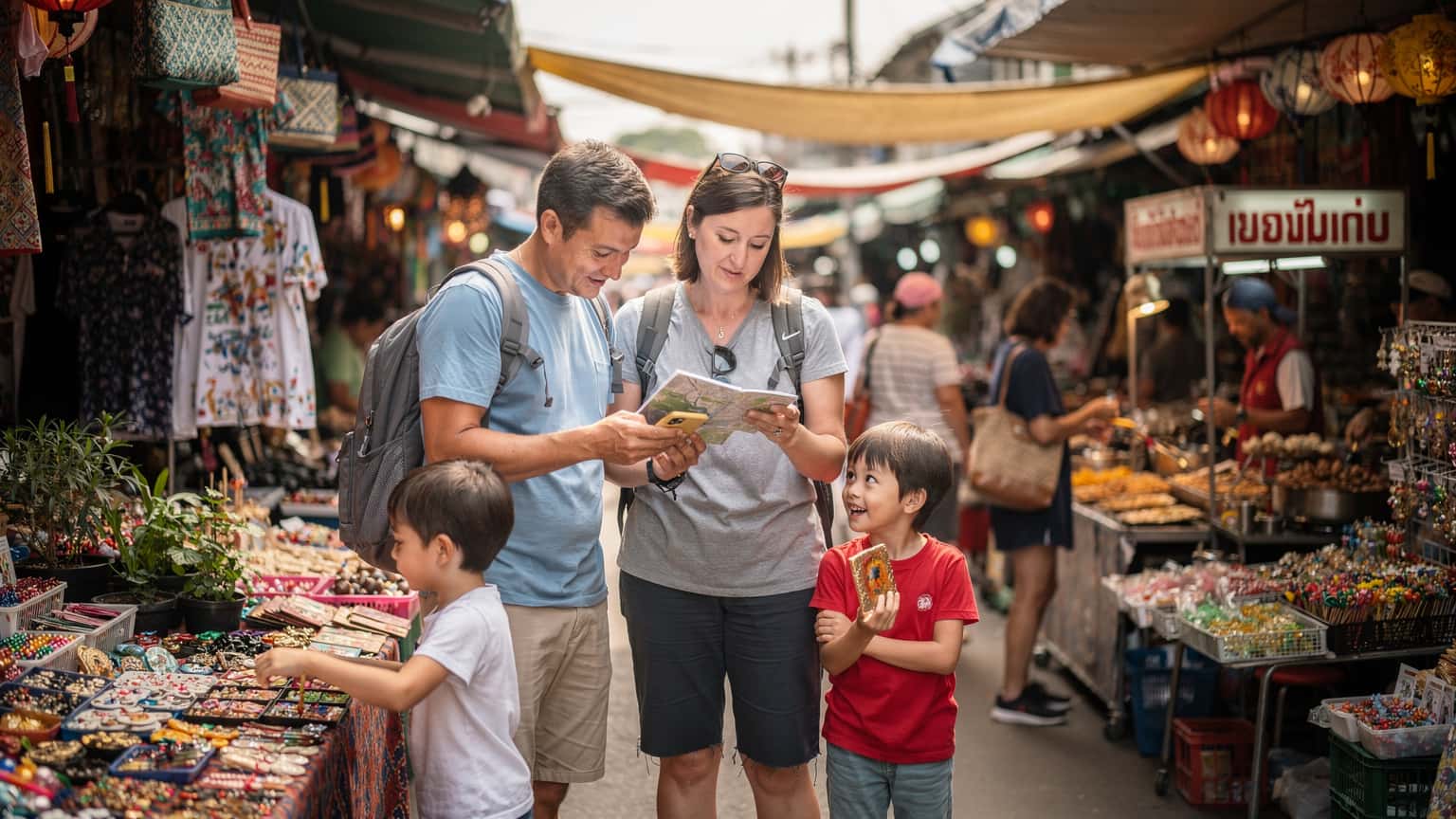 En familie på fire, to voksne og to barn i alderen 8 og 10, smiler mens de utforsker et travelt marked i Bangkok, Thailand. Foreldrene sjekker kartet på en iPhone, mens barna ser nysgjerrig på fargerike suvenirer.