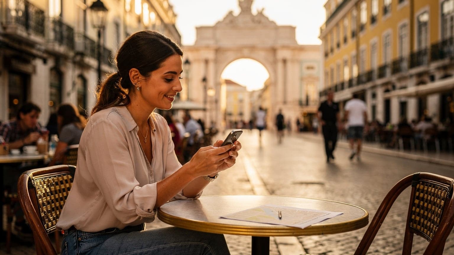 Uma mulher sorridente, com cerca de 30 anos, segura um smartphone enquanto navega pelo mapa, sentada numa esplanada movimentada no bairro da Baixa, em Lisboa, com o Arco da Rua Augusta ao fundo.