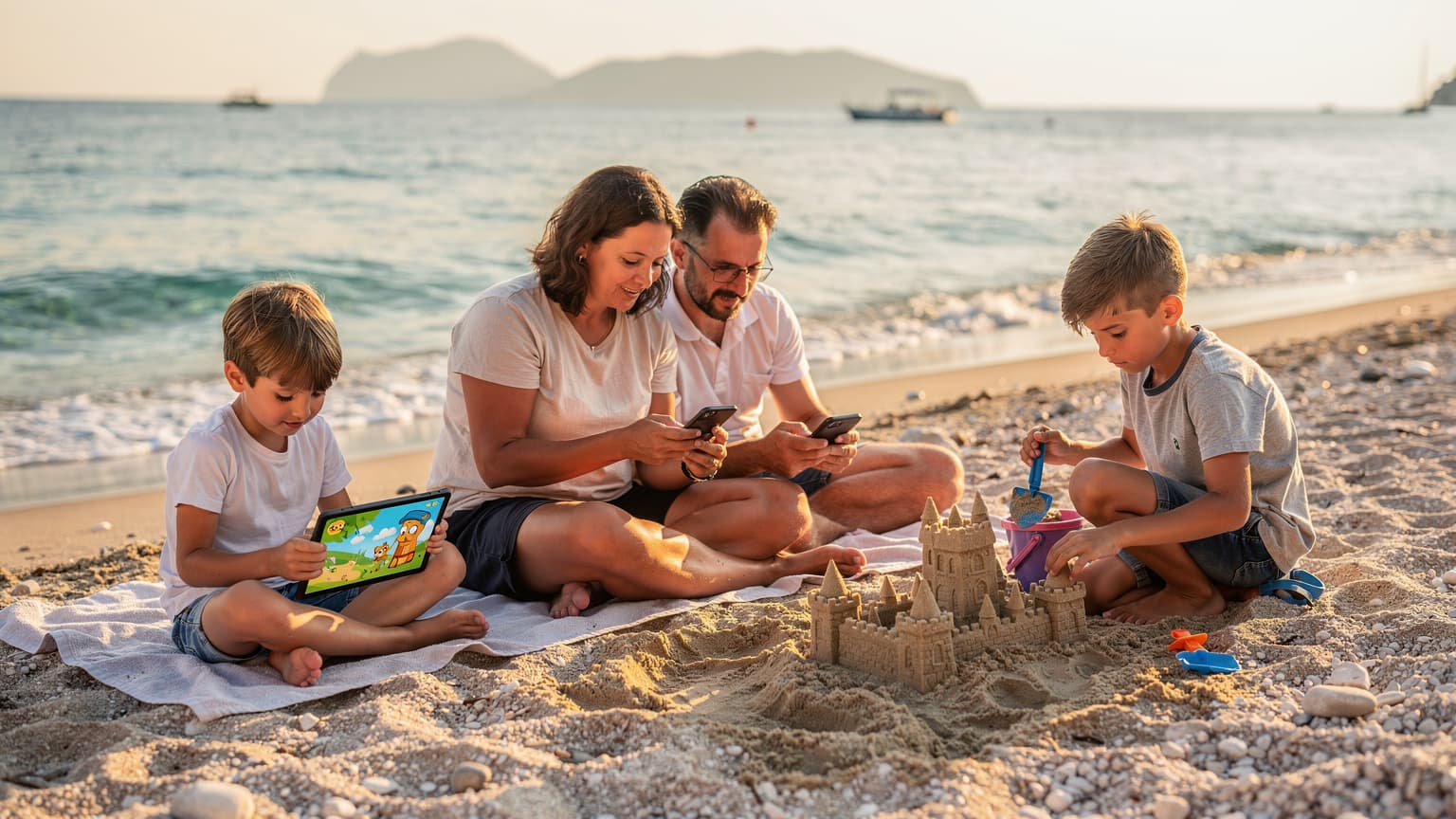 Rodzina z dwójką dzieci relaksuje się na pustej plaży w Chorwacji we wrześniu, jedno dziecko ogląda bajkę na tablecie, drugie buduje zamek z piasku, a rodzice sprawdzają połączenie eSIM na telefonie.