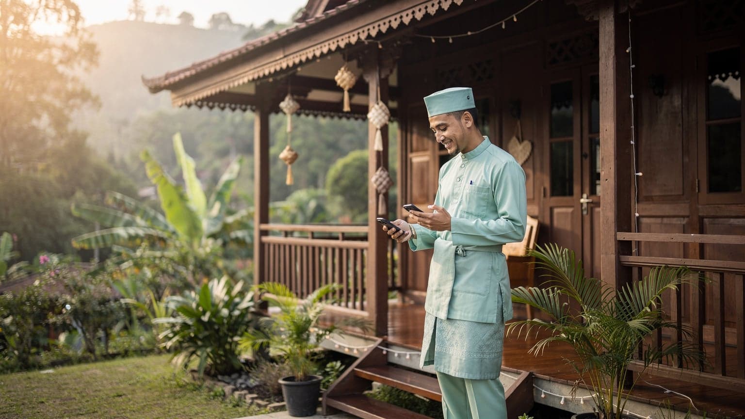 Seorang lelaki memakai baju Melayu sedang memegang telefon bimbitnya di hadapan rumah kampung tradisional di Janda Baik, Pahang, dengan latar belakang bukit bukau yang hijau dan kabus pagi yang lembut.