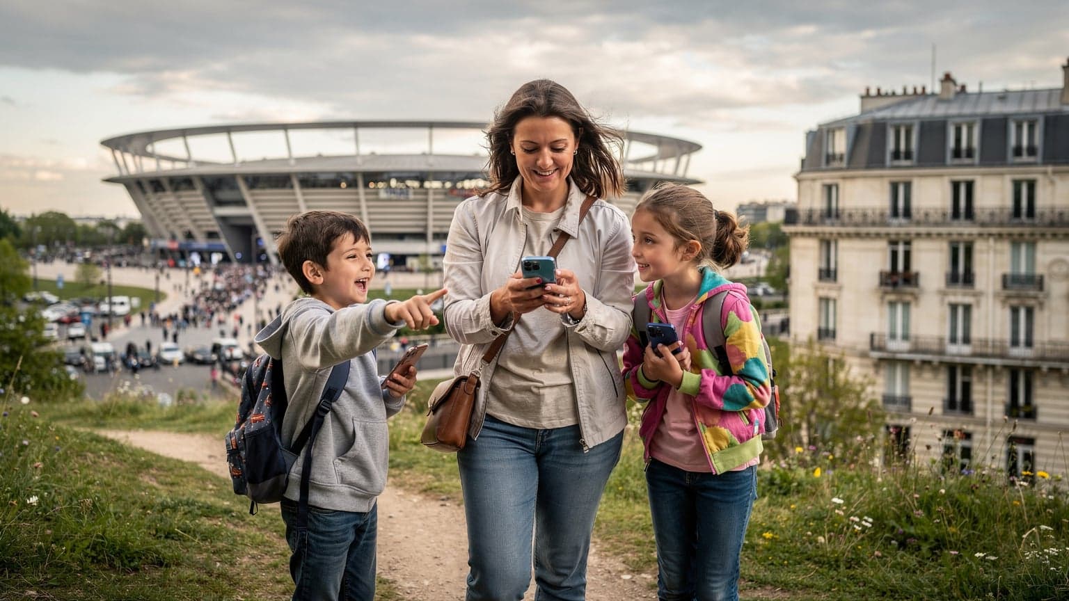 Une mère souriante et ses deux enfants, un garçon et une fille, regardent le Stade de France au loin, tenant leurs téléphones, le ciel bleu au-dessus d'eux.
