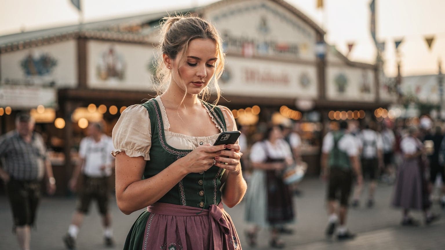Eine Frau in traditioneller Tracht, die auf dem Oktoberfestgelände steht und auf ihr Smartphone blickt, während sie eine eSIM einrichtet.