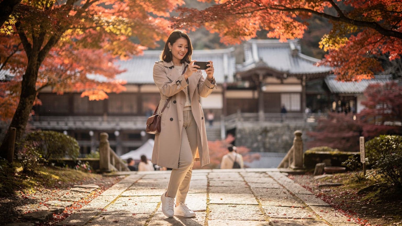 Seorang wanita tersenyum sambil memegang ponsel di depan Kuil Kiyomizu-dera di Kyoto, Jepang, saat daun musim gugur berwarna merah cerah.
